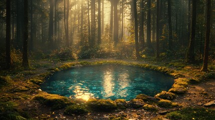 Obraz premium Mystical forest pond at sunrise, sunlight filtering through trees, mossy banks.