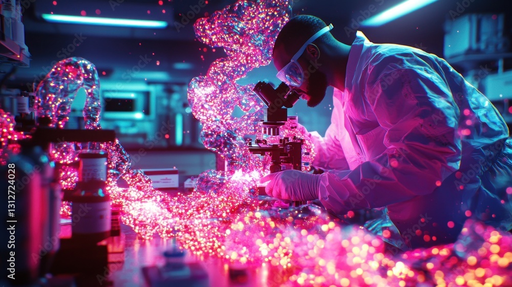 Poster scientist exploring dna structure in vibrant lab