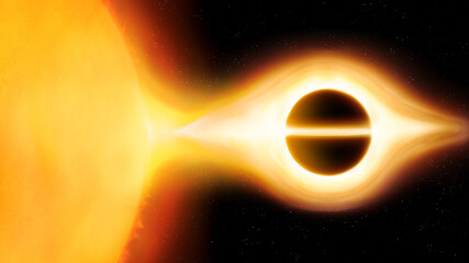 Black hole absorbs matter from the sun. Gravitational interaction between singularity and star in space.