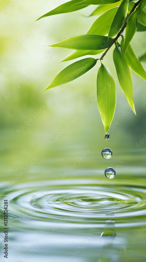 Poster water droplets falling from verdant leaf, generating rippling concentric circles on tranquil water s