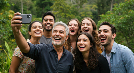 A diverse group of seven individuals poses together, smiling widely while taking a selfie in a vibrant green landscape. The atmosphere is cheerful and lively