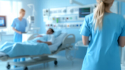 Obraz premium Medical Center Banner with Healthcare Workers and Blurred Background for Text