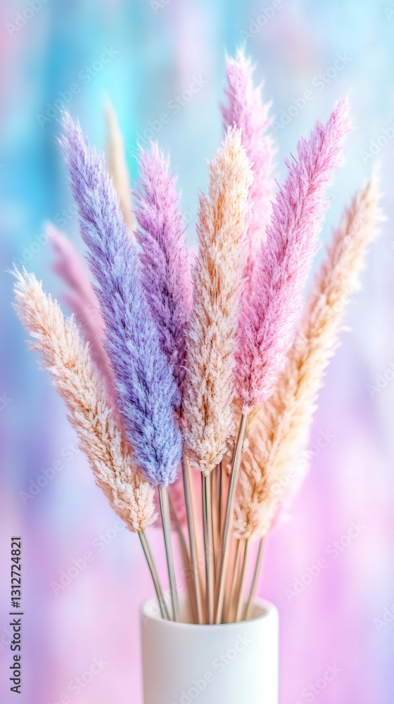 Poster bunny tails bouquet in a white vase on a colorful pastel background creating a delicate and dreamy a