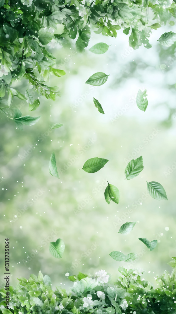 Poster green leaves falling from a tree creating a magical atmosphere in a beautiful forest with white flow