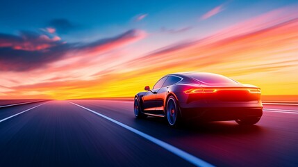 Naklejka premium A fast moving vehicle drives along a highway under sunset colors