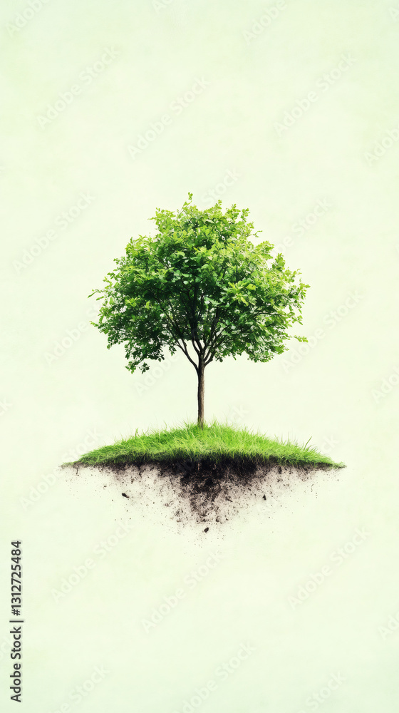 Poster verdant tree sprouting from floating island with grassy terrain, symbolizing environmental preservat