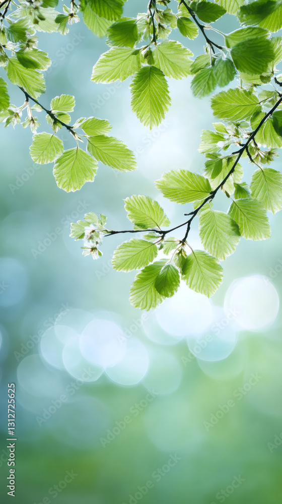 Poster Sunlight filters through fresh green leaves growing on branches in spring, creating a serene and vibrant natural scene