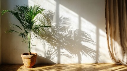Fototapeta premium Sunlit Room with a Palm Plant and its Shadow