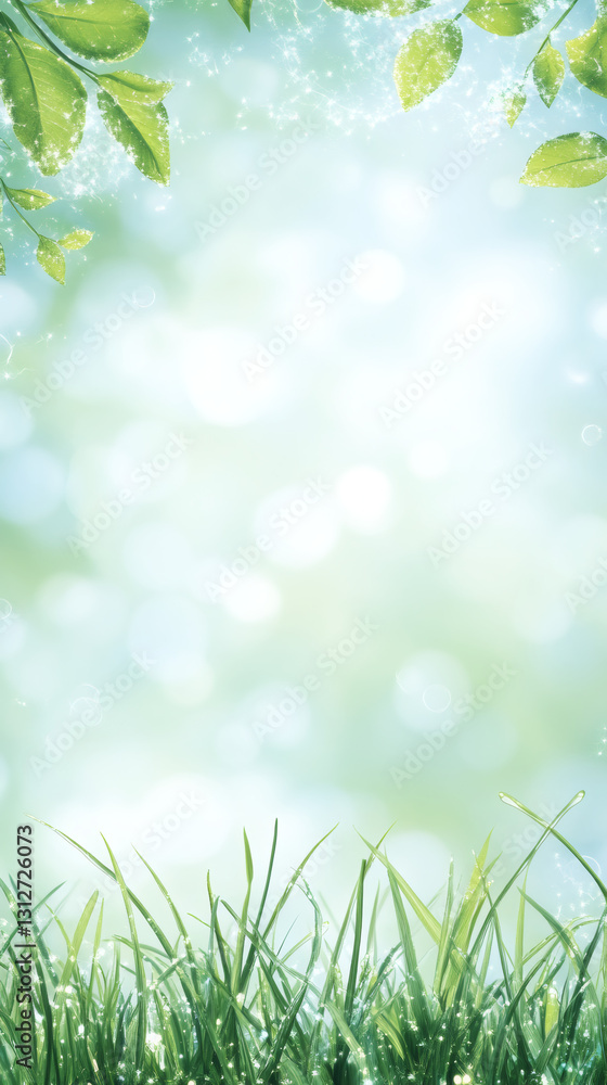 Poster green grass with dew drops and leaves frame a bright bokeh background, creating a fresh, natural sce