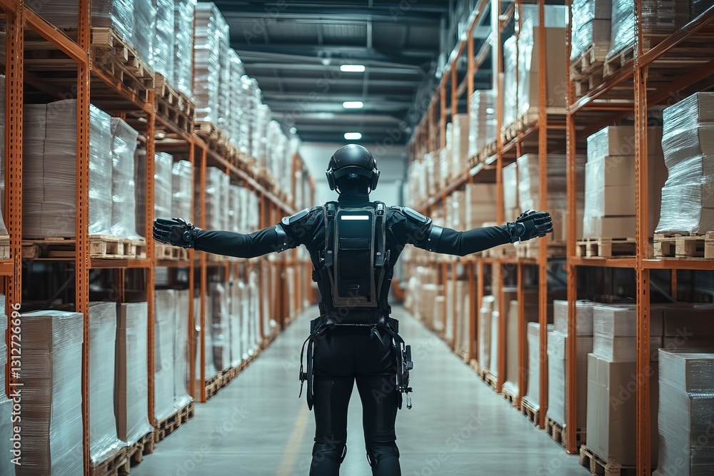 Poster futuristic robot in modern warehouse inventory management system advanced technology automated logis