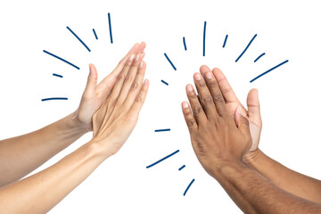 Diverse hands high five teamwork success isolated on a white background