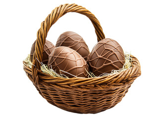 Chocolate eggs arranged in a woven basket filled with straw and ready for Easter celebrations