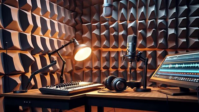Professional sound recording studio with acoustic foam walls, microphone, and keyboard setup
