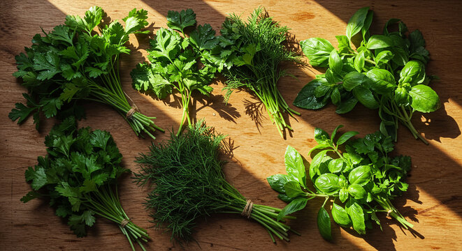 Photo met en sc&egrave;ne une vari&eacute;t&eacute; d'herbes fra&icirc;ches dispos&eacute;es sur une surface en bois. Il y a plusieurs bouquets d'herbes, y compris du coriandre, de l'aneth et du basilic.