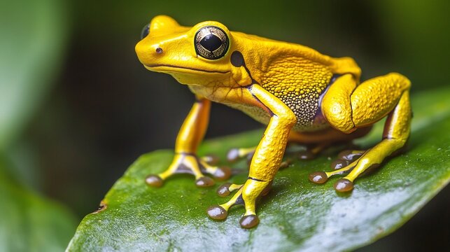 Golden poison dart frog perched on a leaf in the lush Amazon rainforest its brilliant yellow skin a stark warning to predators