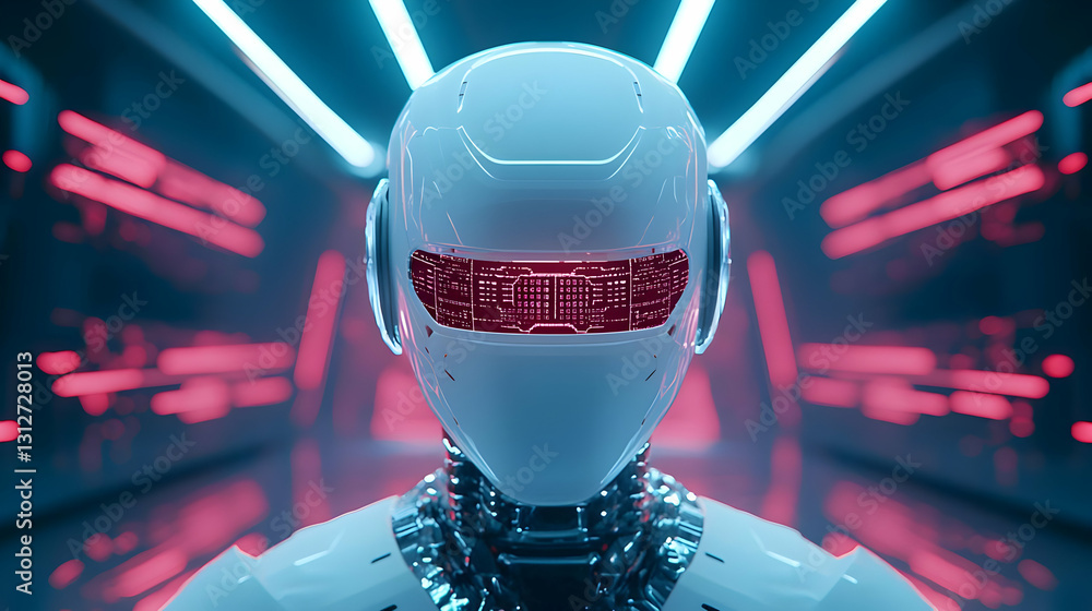 Poster futuristic robot with neon lights in sci-fi environment