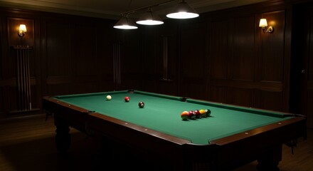 Classic Billiards Room Ambiance - A dimly lit billiards room, featuring a green pool table with balls in play, set against rich dark wood paneling