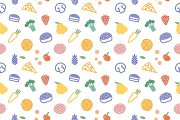 Fototapeta premium Colorful seamless pattern with various food icons.