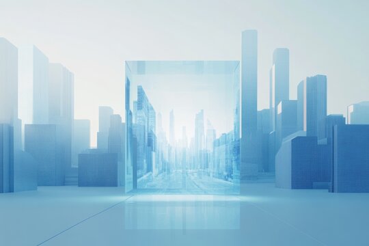 A translucent cube reveals a futuristic cityscape, showcasing architectural innovation and urban design. - Powered by Adobe