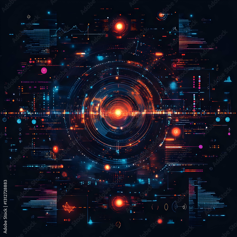 Poster Futuristic Digital Interface with Data Streams and Graphical Elements
