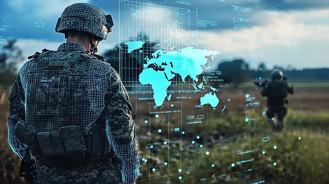 Soldier in high-tech gear surveys the battlefield, with digital maps and data overlaying the scene