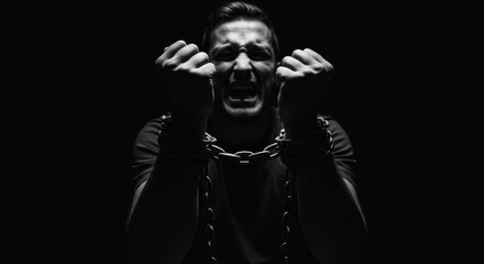 Fototapeta premium Dark Studio Man Hands Struggle Film Noir - A man's struggle against chains, symbolizing confinement, desperation, resistance, powerlessness, and hope. Black and white high contrast film noir