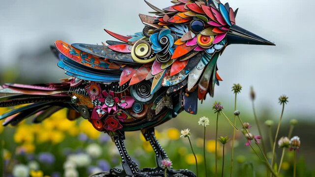 Unique bird sculpture made from upcycled materials.