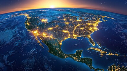 Night view of North America from space, showing city lights and coastlines at sunrise.