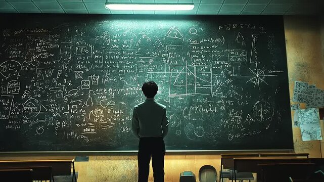 Student contemplating complex mathematical equations on a chalkboard in a dimly lit classroom