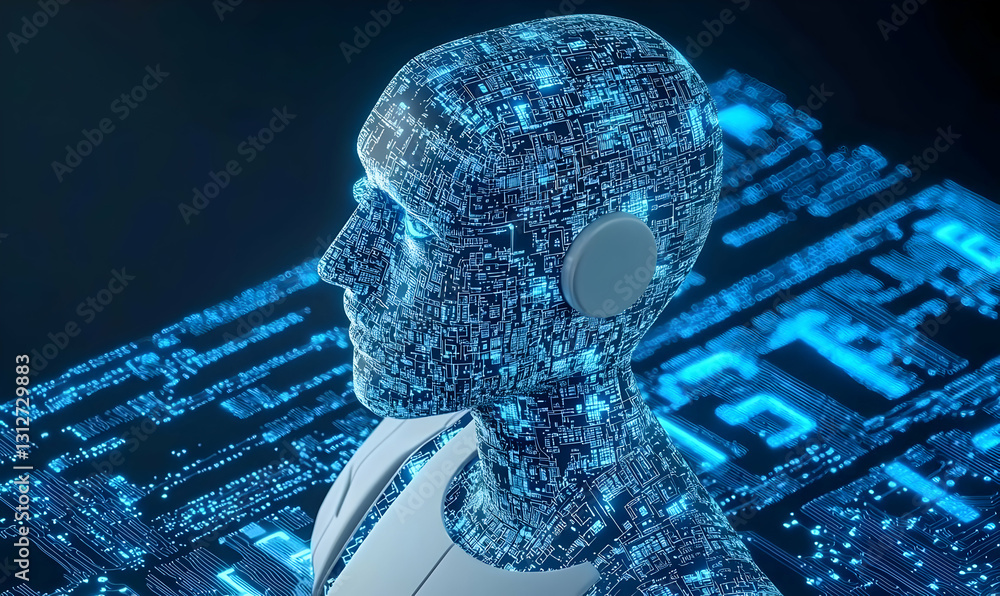 Poster futuristic humanoid robot with digital patterns and glowing features