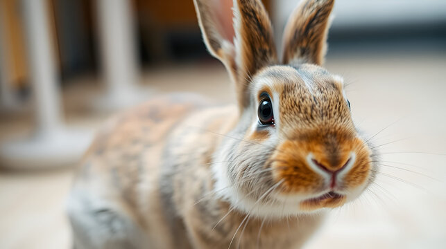 A closeup shot captures a startled rabbit, showcasing its detailed fur and curious eyes against a softly blurred backdrop.
