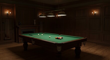 Elegant Billiards Room Interior - A dimly lit, elegant billiard room with a classic wooden pool table and dark wood paneling