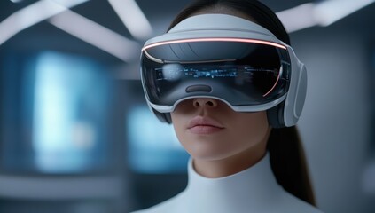 Futuristic woman wearing advanced virtual reality headset in a high tech environment with immersive digital interface reflecting on the visor and sleek design