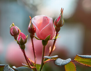 Fototapeta premium A delicate pink rose in full bloom is surrounded by rosebuds, bathed in warm sunlight with a softly blurred background.