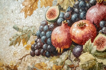 A vibrant mosaic artwork depicting a still life of pomegranates, figs, and grapes.