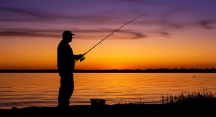 Fisherman at Sunset Silhouette - Silhouette of a person fishing at sunset over calm water. Peaceful, serene, and tranquil scene