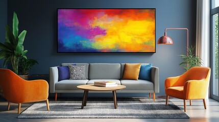Bright and modern living room adorned with colorful art piece in a cozy atmosphere