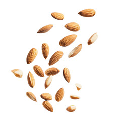 Obraz premium Flying almonds in midair against a clean transparent background showcasing their natural shape and texture, Flying almonds isolated on transparent background