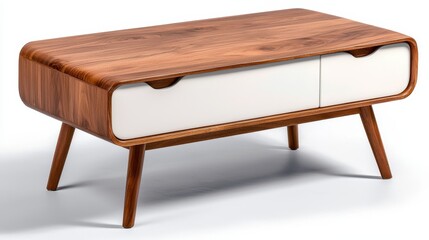 A stylish wooden coffee table with a smooth finish, featuring a white drawer and modern legs, perfect for contemporary living spaces.