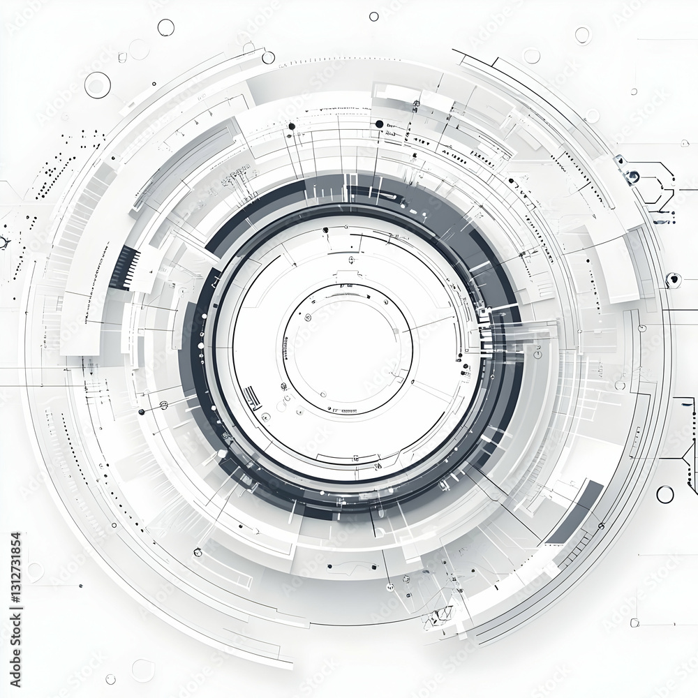 Poster Abstract Circular Design with Tech Elements in Monochrome Color Scheme