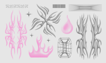 Retro futurism y2k stickers collection, 3d halftone brutalism retro wave design object set, geometric abstract shapes. Neo tribal cyber techno print, grids, flames. Retro futurism dotted noise clipart