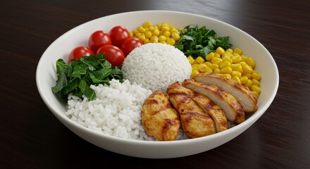Healthy Chicken Rice Bowl - Delicious and nutritious chicken rice bowl with corn, tomatoes, and greens. Perfect healthy meal