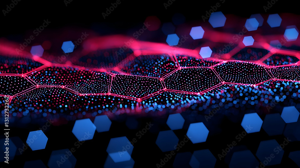 Poster colorful hexagonal pattern with neon lights in dark space background