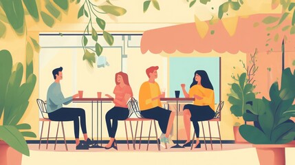 Friends chatting at a summer cafÃ© in a flat vector illustration.