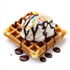 Indulging in mouthwatering Belgian waffles topped with fluffy whipped cream and rich chocolate sauce. Generative AI