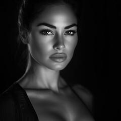 Fototapeta premium Black and white portrait of a woman with deep eyes and soft lighting, highlighting natural beauty and elegance in a timeless aesthetic.