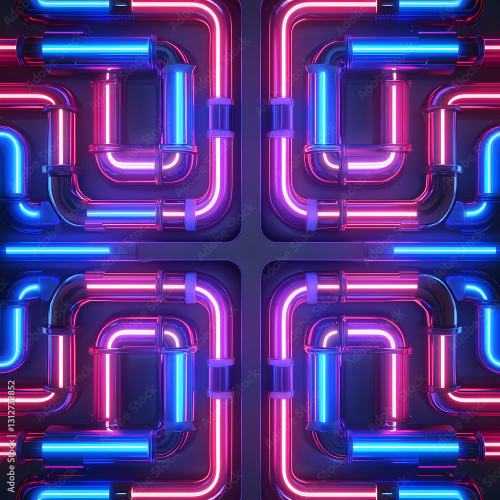 Poster neon pipe design with colorful lights in symmetrical grid pattern