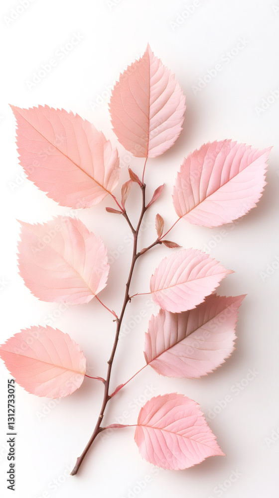 Poster Studio shot of a twig with pink leaves lying on a white background, creating a delicate and minimalist composition