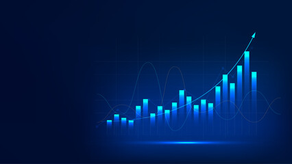 Stock market graph or financial chart with upward arrow on dark blue  background, business concept for money assets growth and trading. Vector illustration of technology.