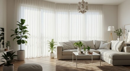 Fototapeta premium Modern Minimalist Living Room Design - Bright, airy living room with beige sectional sofa, large windows, and potted plants. Neutral color palette creates a calm atmosphere